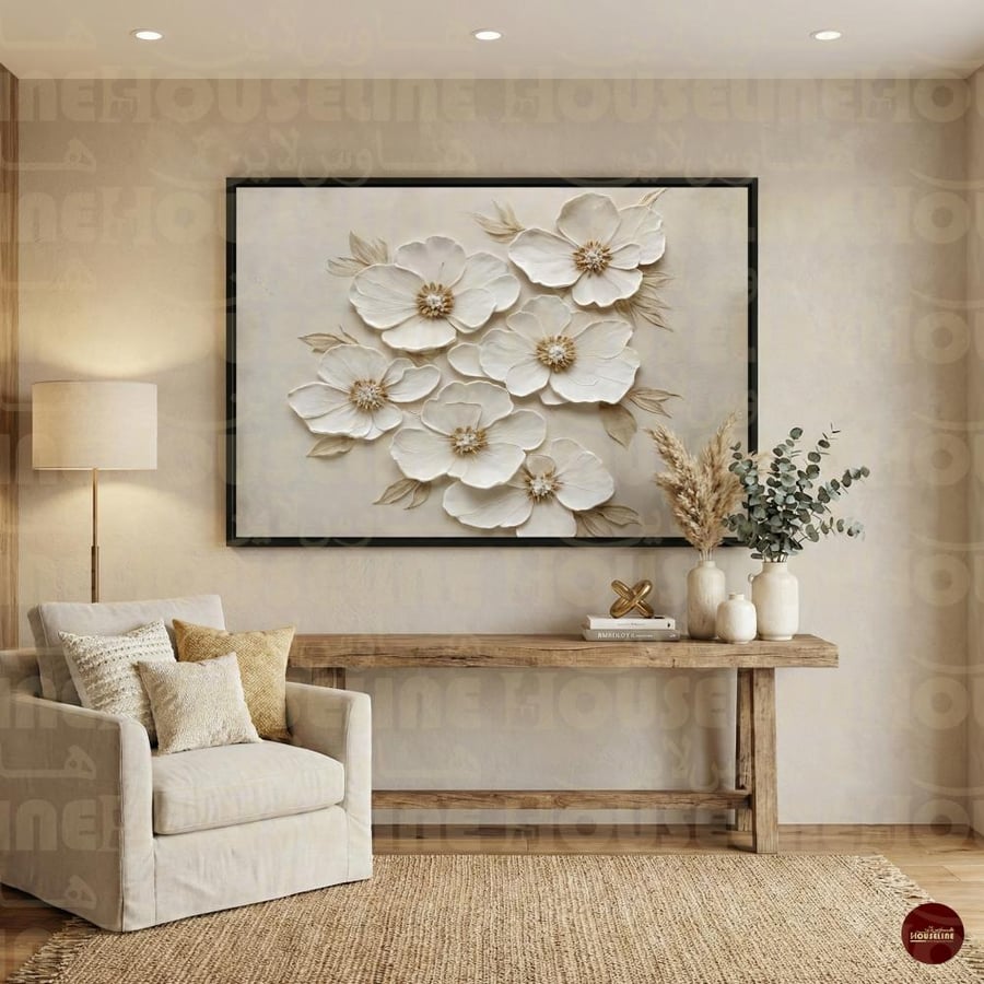 لوحة جدارية زهور بيضاء بتصميم ناعم وألوان محايدة – طباعة كانفس