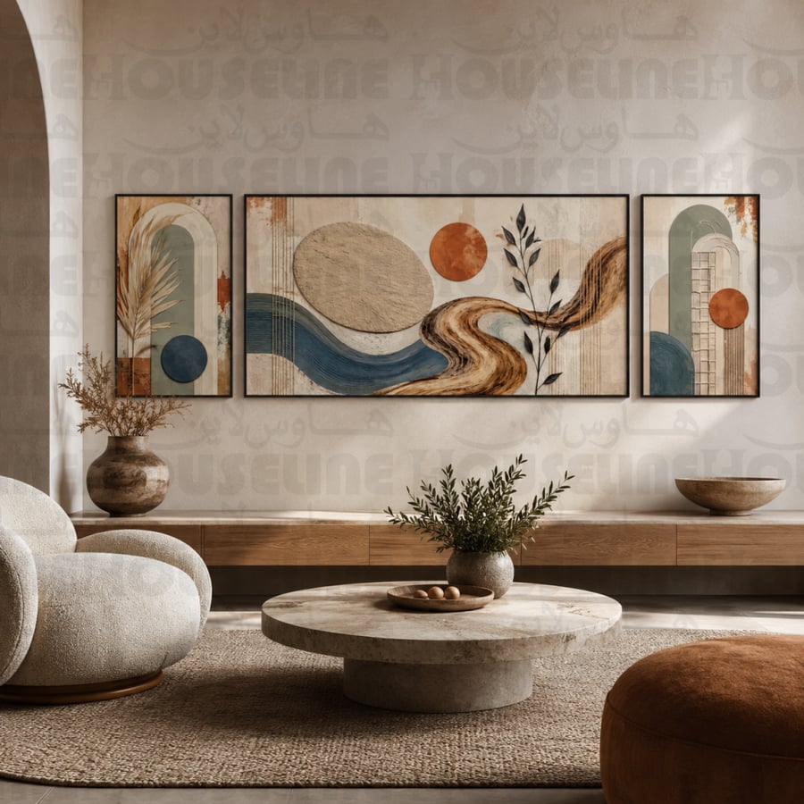 لوحات جدارية ثلاثية وسط كبير بتصميم تجريدي بأشكال عضوية طباعة كانفس