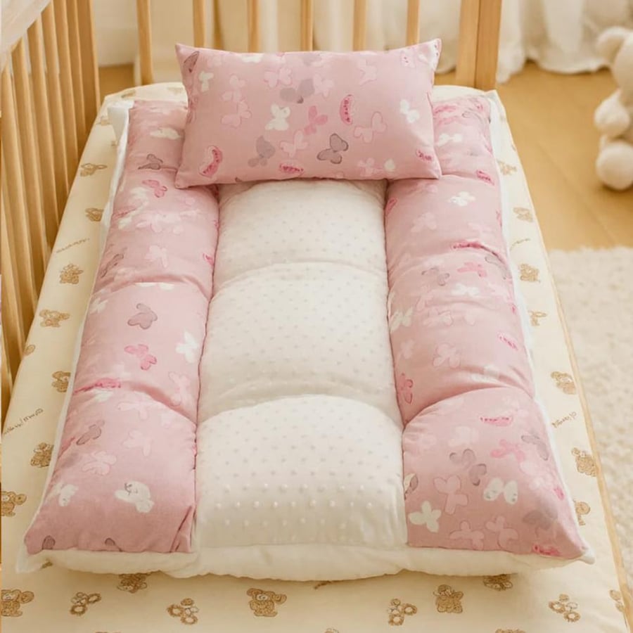 Pink children's bed mattress, butterflies, plush padded mattress, two pieces, comfortable