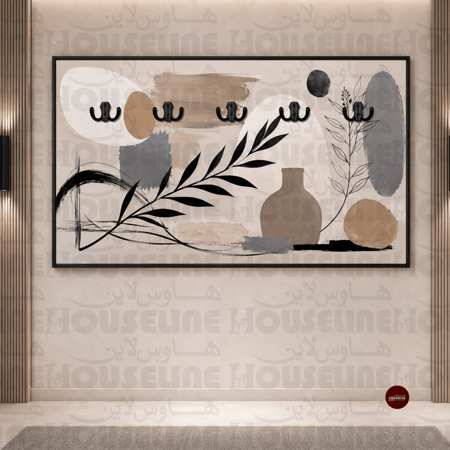 لوحة علاقات عبايات بأغصان وأشكال تجريدية بيج وأسود ورمادي طباعة كانفس
