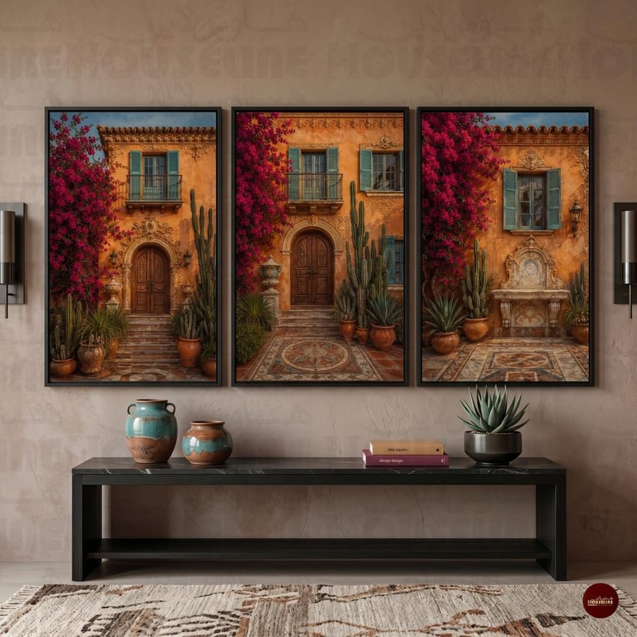طقم 3 لوحات جدارية منازل متوسطية وورود جهنمية طباعة كانفس