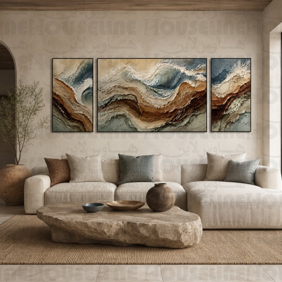 لوحات جدارية ثلاثية وسط كبير بتصميم تموجات رخامية ملونة طباعة كانفس