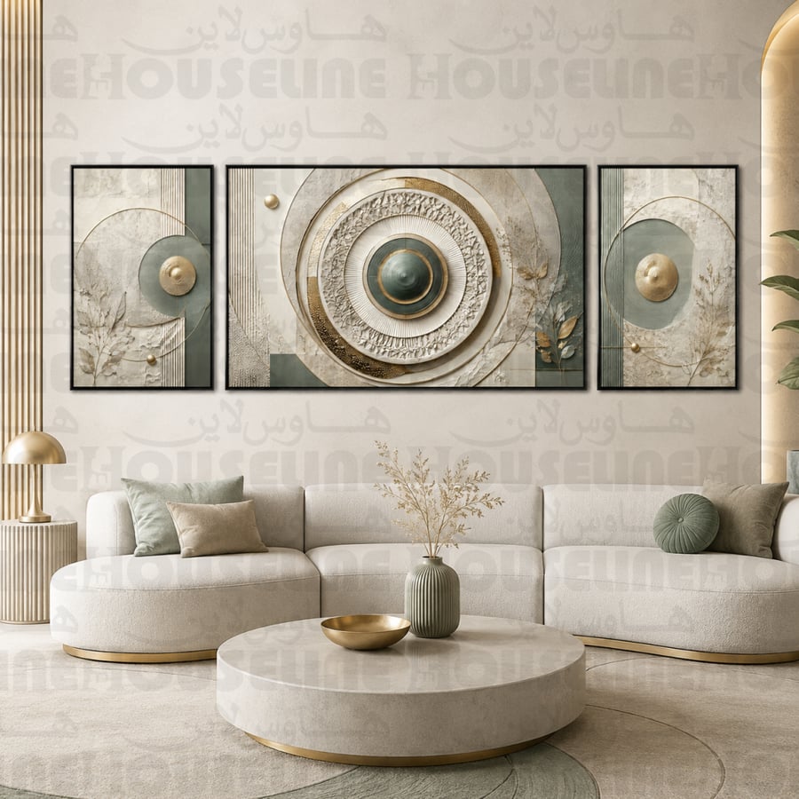 لوحات جدارية ثلاثية وسط كبير بتصميم دوائر هندسية فاخرة طباعة كانفس