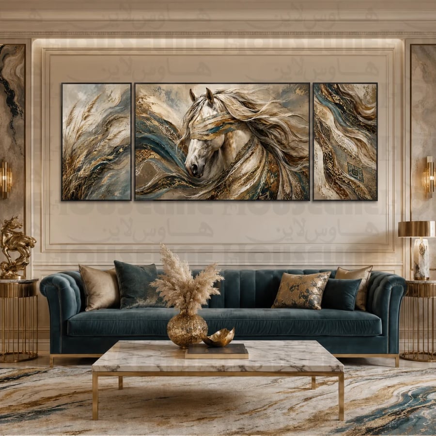 لوحات جدارية ثلاثية وسط كبير بتصميم حصان عربي تجريدي طباعة كانفس