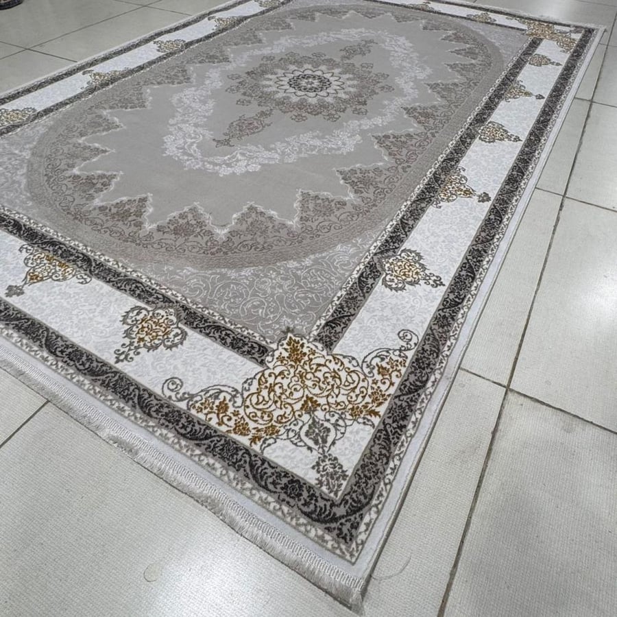 Luxury classic carpet in beige and gray shades with golden touches – elegant balanced design