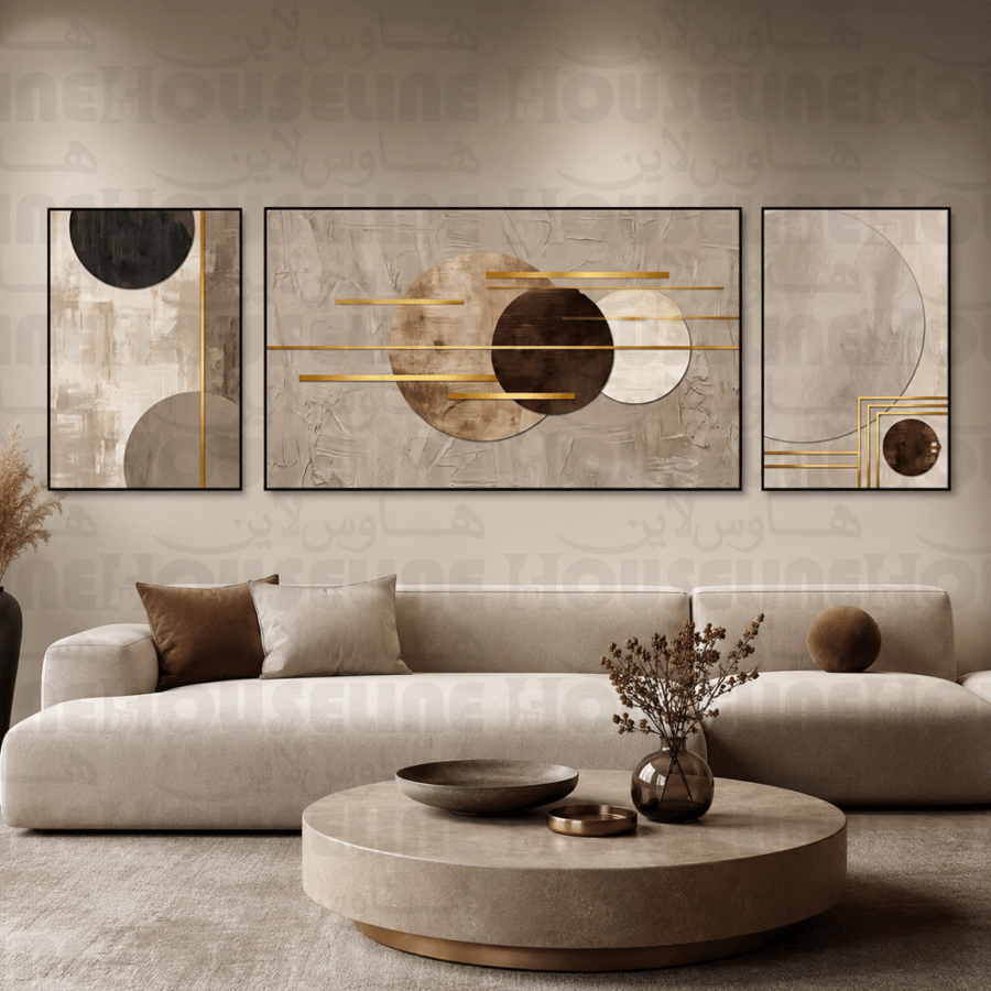 لوحات جدارية ثلاثية وسط كبير بتصميم دوائر هندسية ذهبية طباعة كانفس