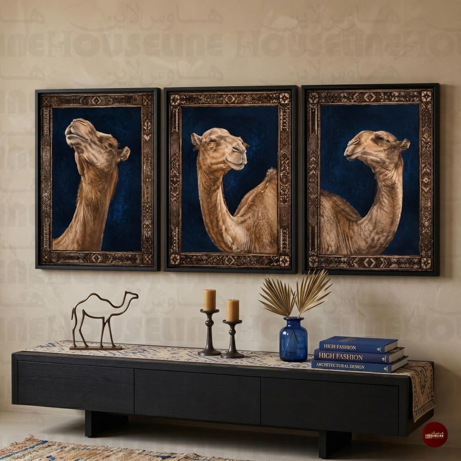 طقم 3 لوحات جدارية جمال عربي كلاسيكي بخلفية كحلية طباعة كانفس
