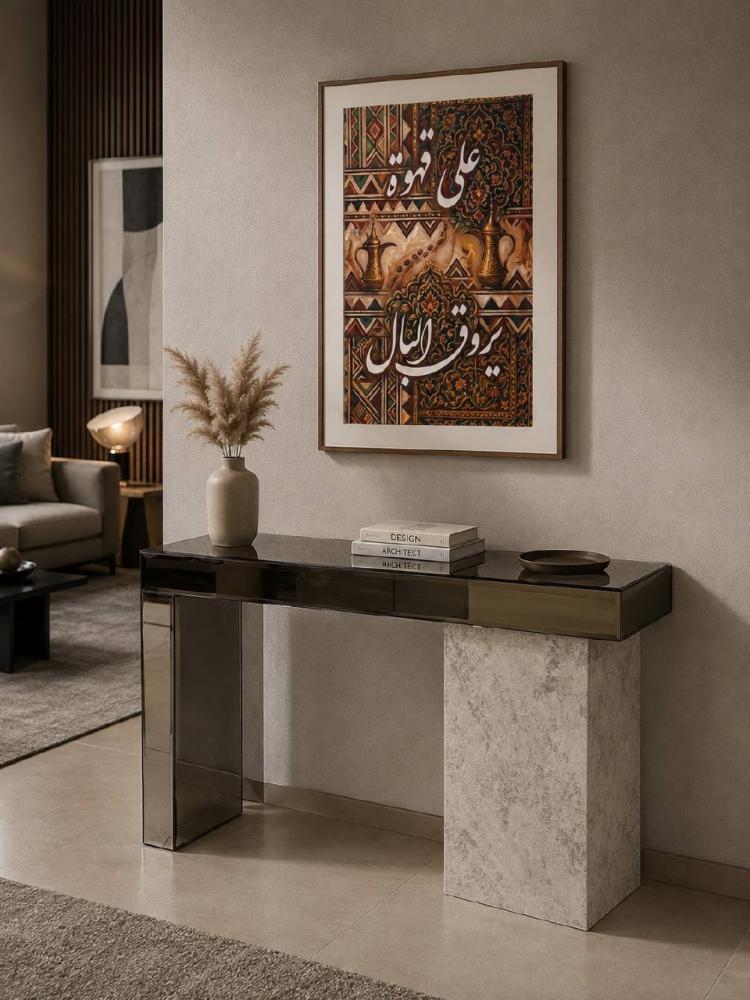 طاولة مدخل كونسول بسطح زجاجي وقواعدبديل الحجر بتصميم عصري أنيق
