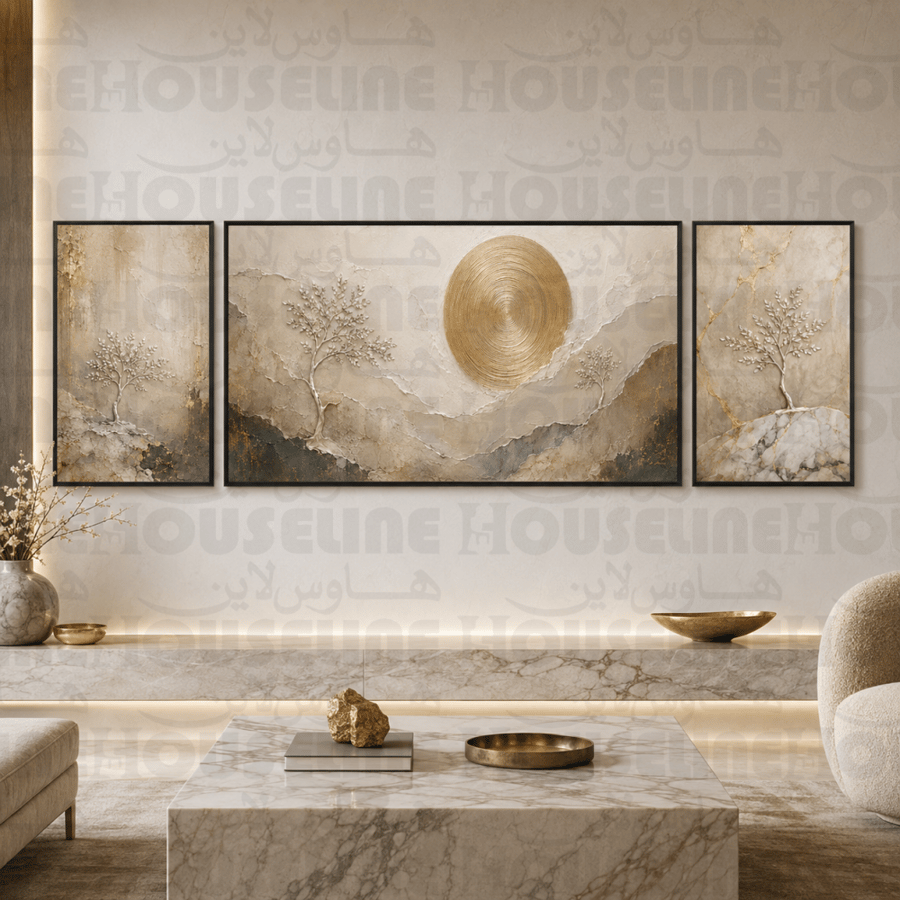 لوحات جدارية ثلاثية وسط كبير بتصميم شروق ذهبي بين الجبال طباعة كانفس