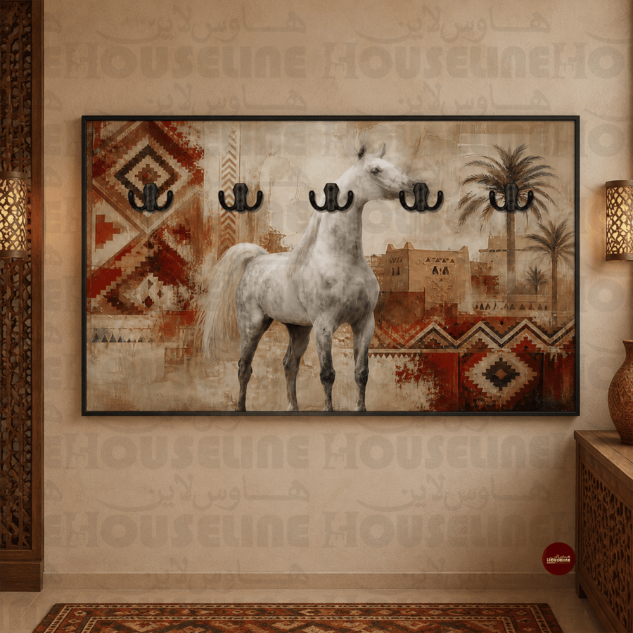 لوحة علاقات عبايات بحصان أبيض وزخارف تراثية عربية طباعة كانفس