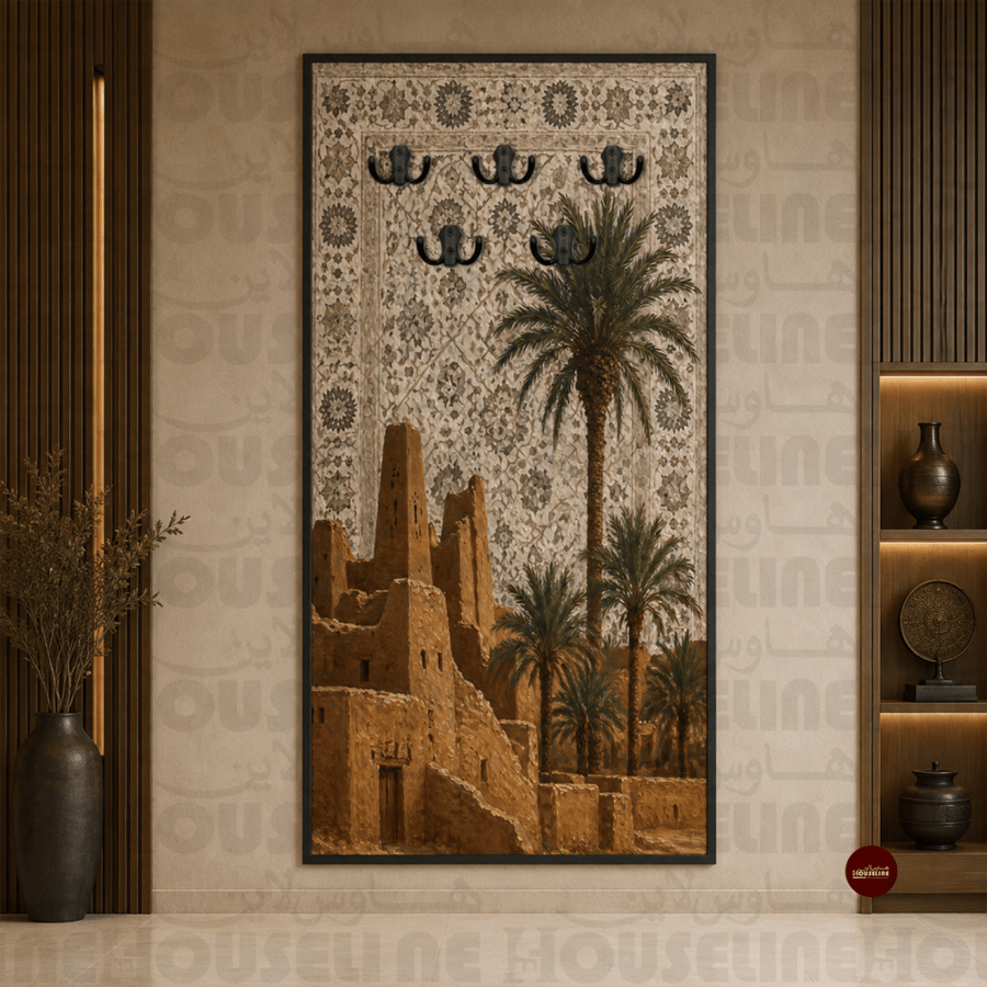 لوحة علاقات عبايات ببيوت طينية ونخيل بطابع تراثي طباعة كانفس