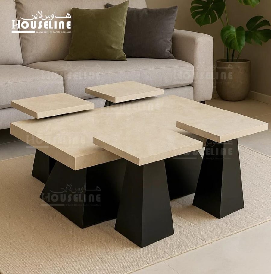 طقم طاولات وسط مودرن بديل رخام مع قواعد خشبية تصميم فاخر
