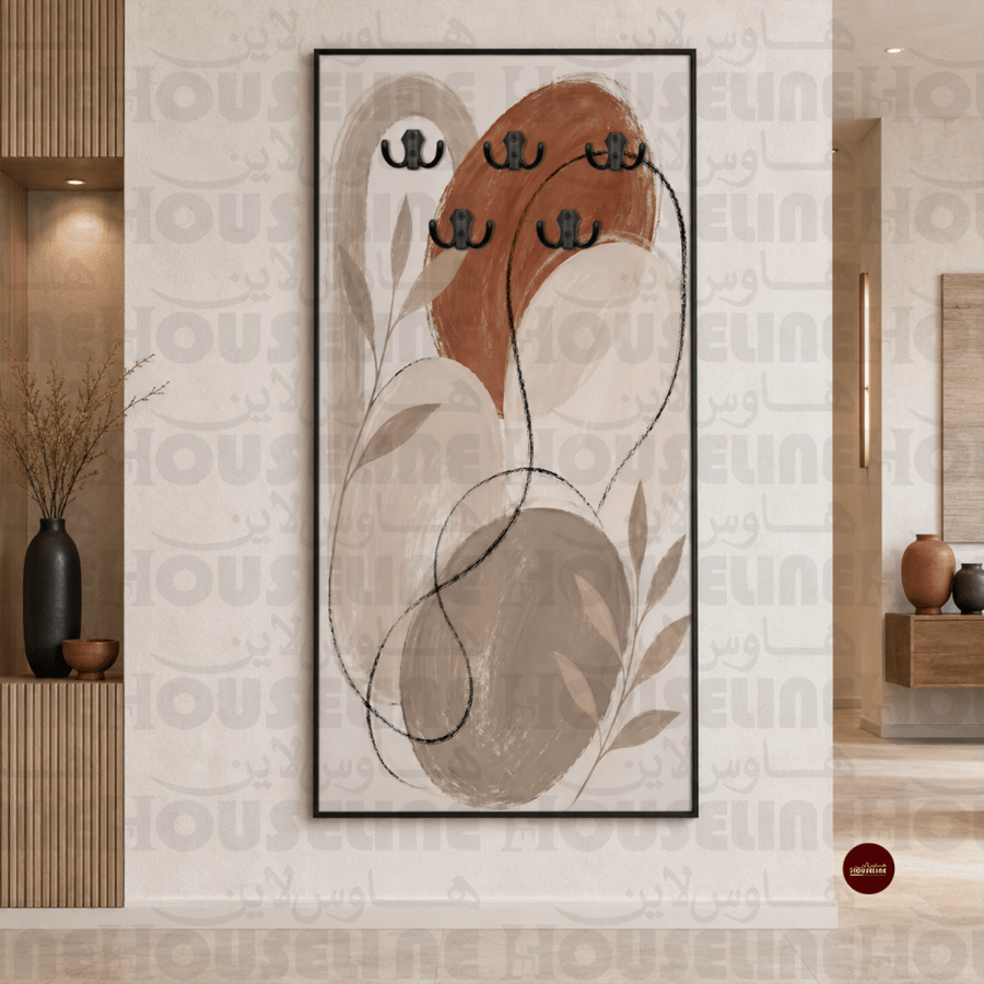لوحة علاقات عبايات بأوراق وأشكال تجريدية بألوان ترابية طباعة كانفس