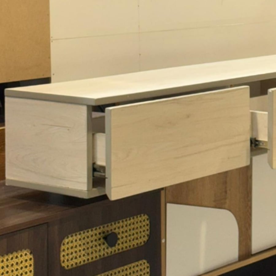 Wall-mounted television unit with modern design in natural wood color, 160 cm wood