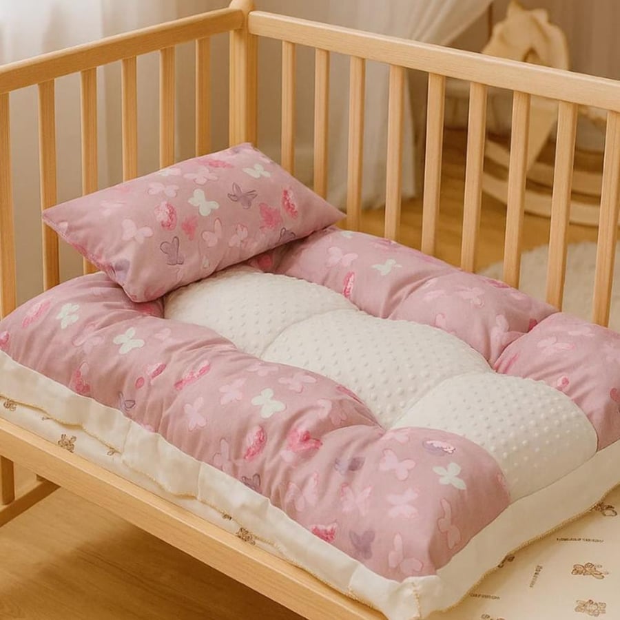 Pink children's bed mattress, butterflies, plush padded mattress, two pieces, comfortable