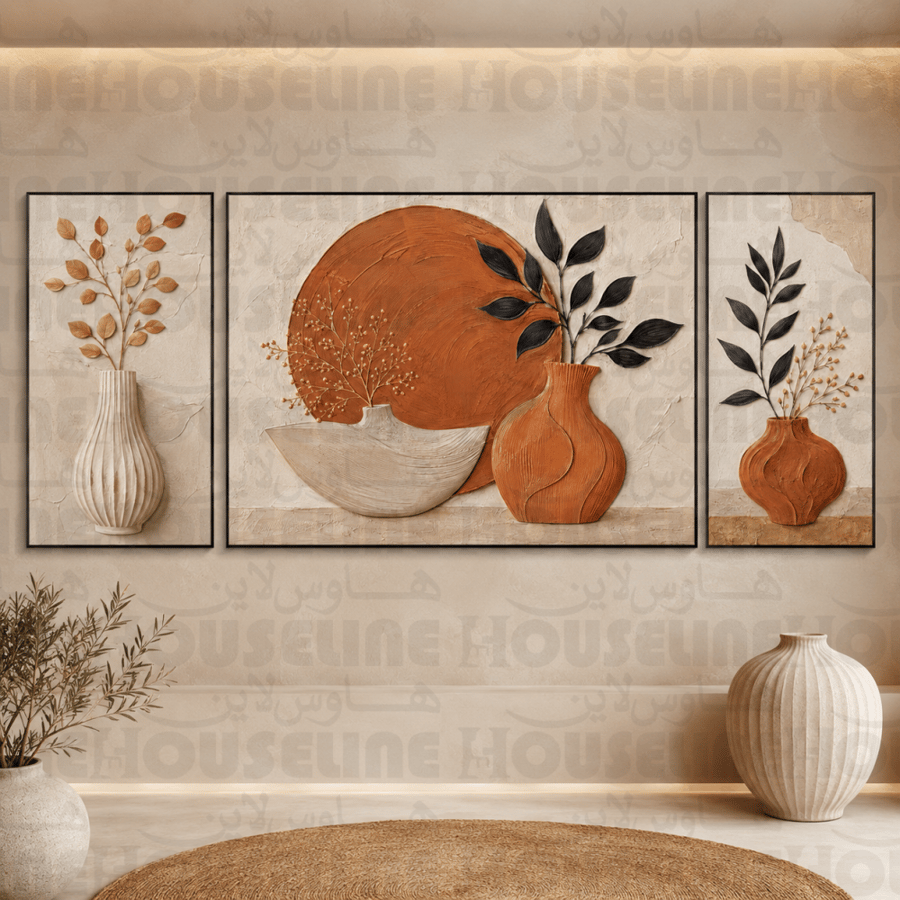 لوحات جدارية ثلاثية وسط كبير بتصميم مزهريات تيراكوتا عصرية طباعة كانفس