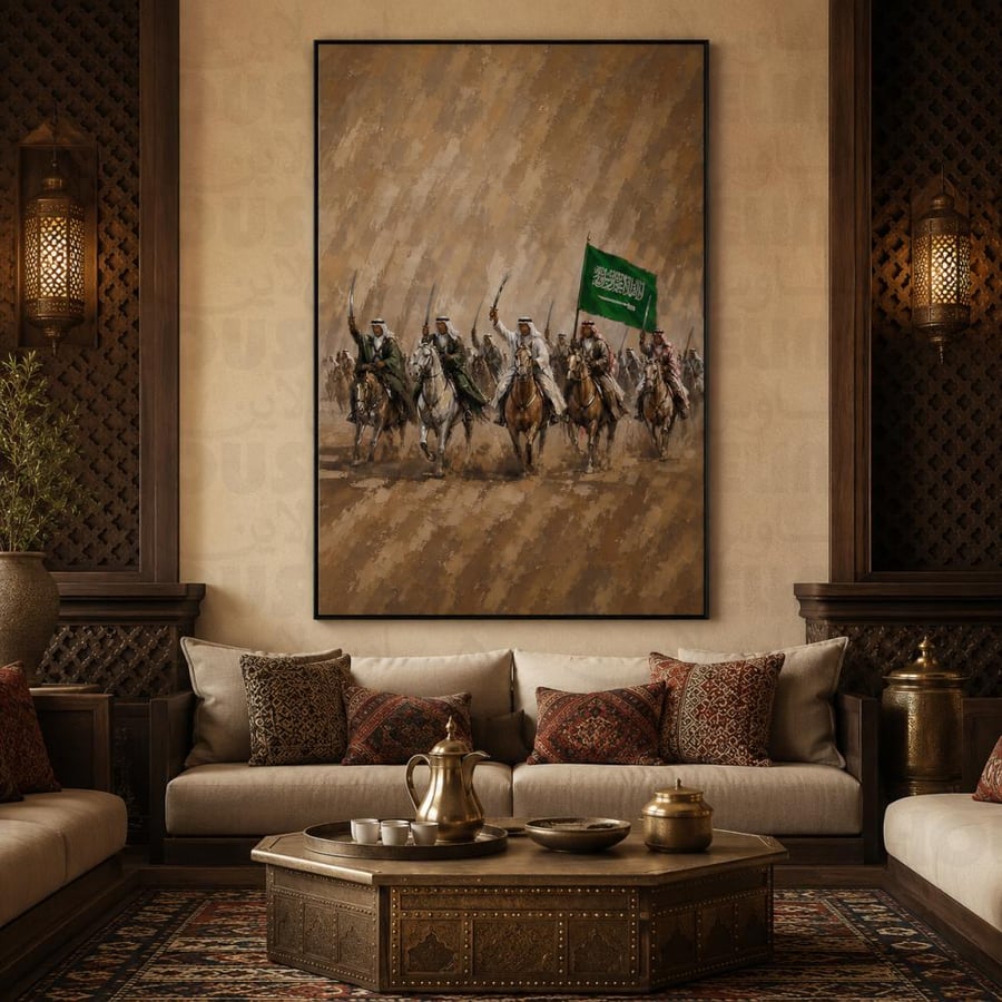 لوحة جدارية فرسان الخيل العربية مع علم المملكة طباعة كانفس