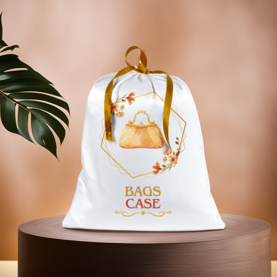 A satin bag for storing bags with printed design