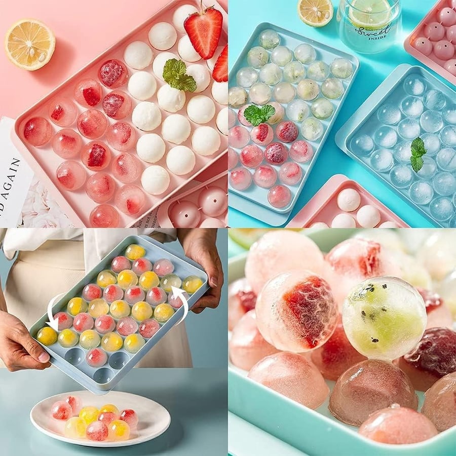 Round ice cube container with lid, basket, and ice scoop