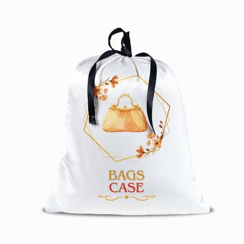 A satin bag for storing bags with printed design
