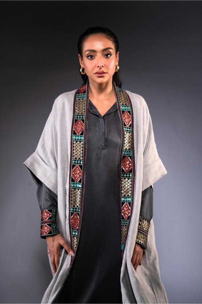 Dark Gray Silk Dress with Gray Embroidery Cape
