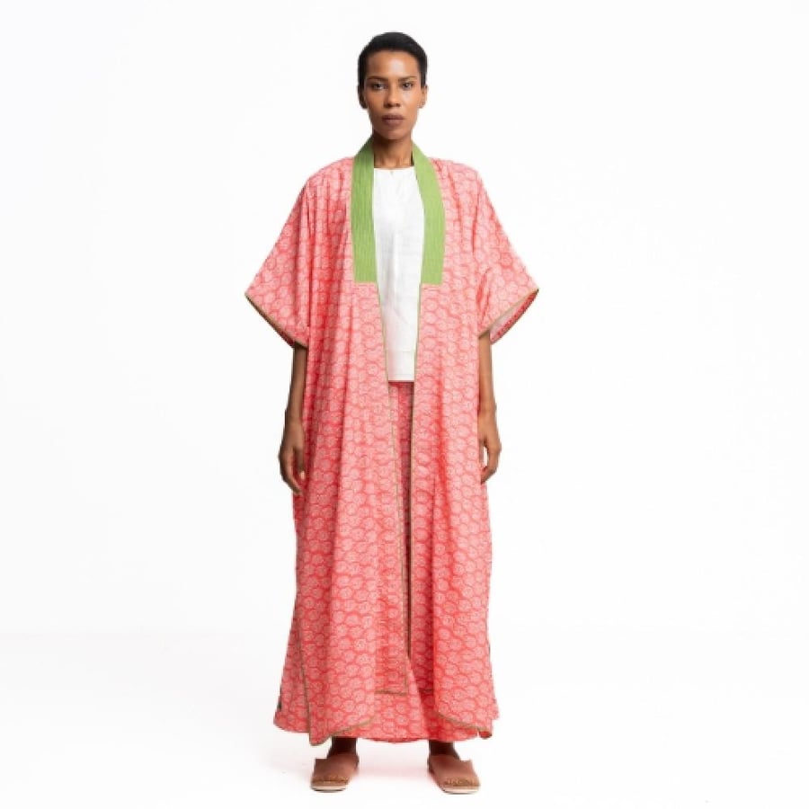 Kimono Salmon and green Grass Color Kimono Set
