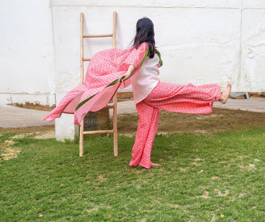 Kimono Salmon and green Grass Color Kimono Set
