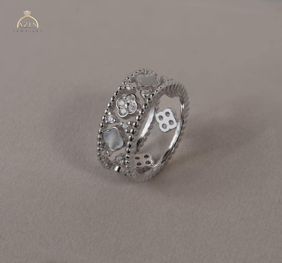 دبلة عريضة راقية وردة صدفي | فضة عيار 925
