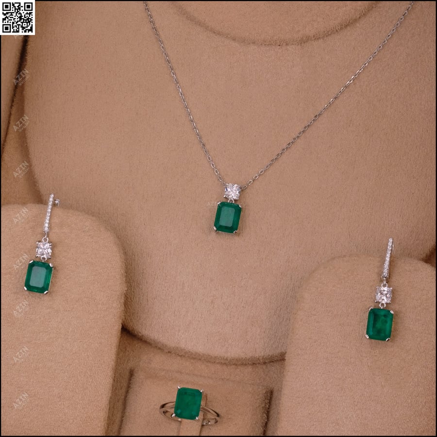 طقم 3 قطع حجر اخضر H-S039  | فضة عيار 925