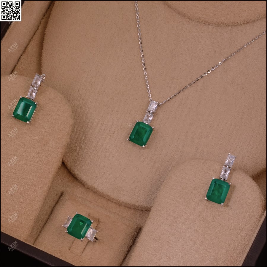 طقم 3 قطع حجر اخضر H-S040  | فضة عيار 925