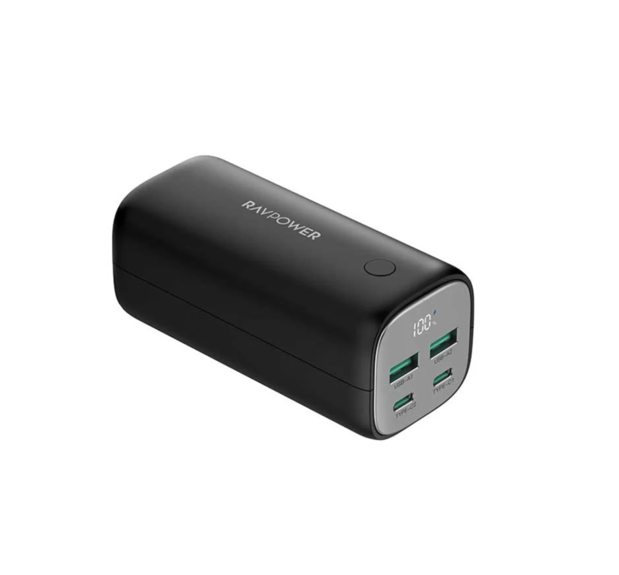 بطارية متنقلة راف باور بقوة 70 واط بسعة 20000 ملي امبير منفذين تايب سي ومنفذين USB-A - اسود
