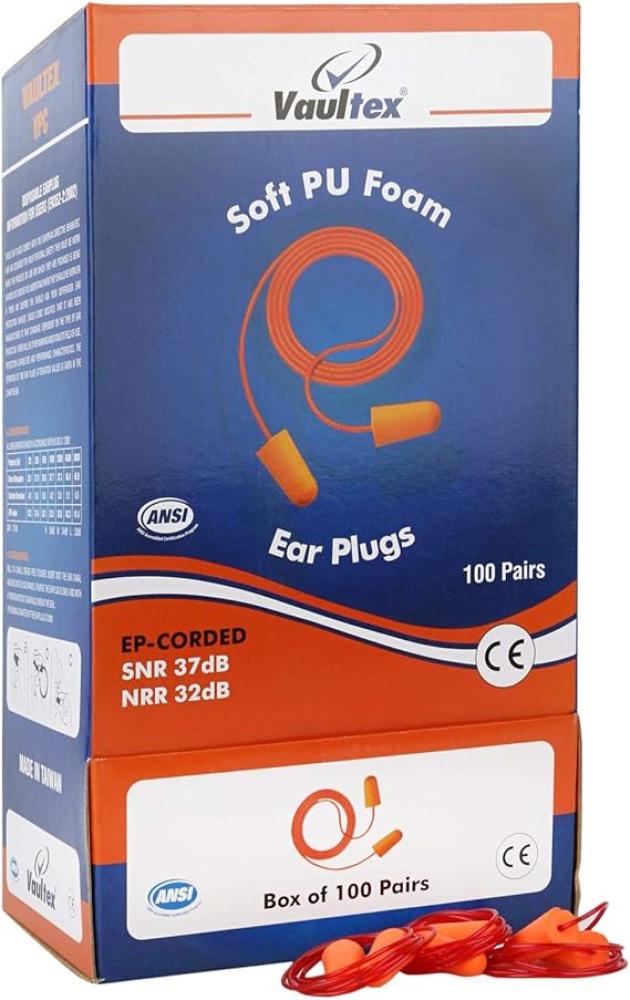 Vaultex Soft PU Foam Ear Plugs with Cord – 37 dB SNR Noise Reduction | NRR 32 dB | 100 Pairs