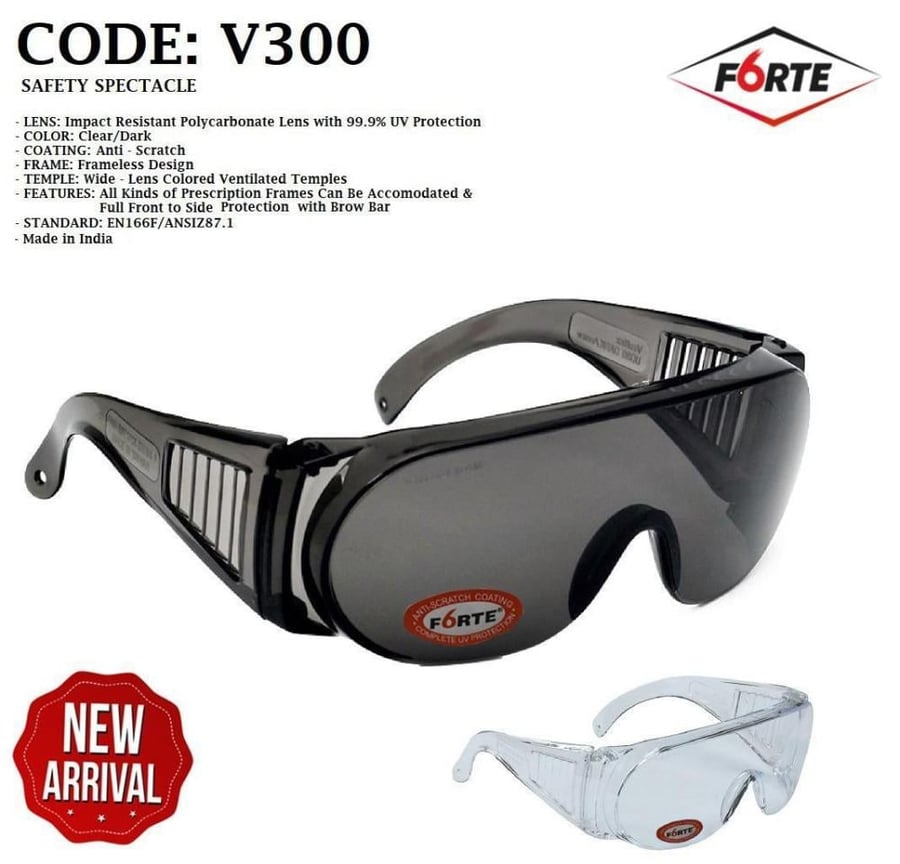 نظارات السلامة فوق النظارة من FORTE V300 – بإطار شفاف أو داكن وعدسة بولي كربونيت | معتمدة EN166F & ANSI Z87.1