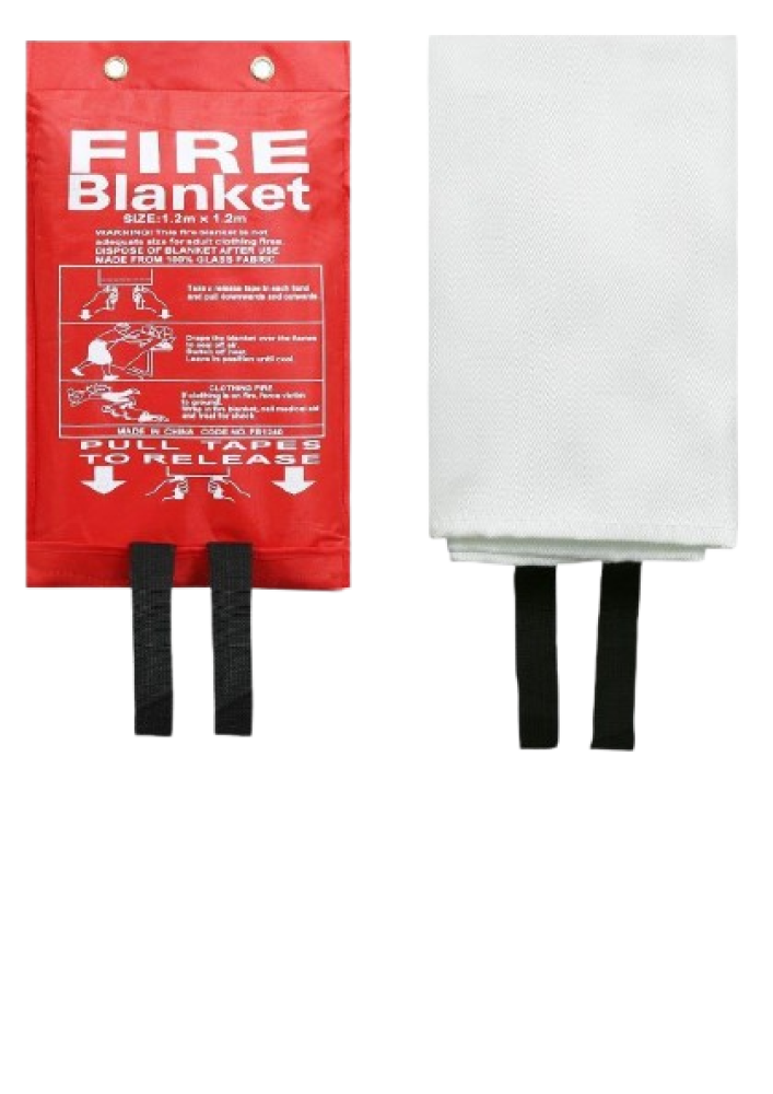 بطانية حريق 1.8m × 1.8m | FIRE BLANKET مقاومة للهب | ألياف زجاجية 100% | سماكة 0.43 مم | مزودة بأشرطة سحب سريعة وتعليق جداري
