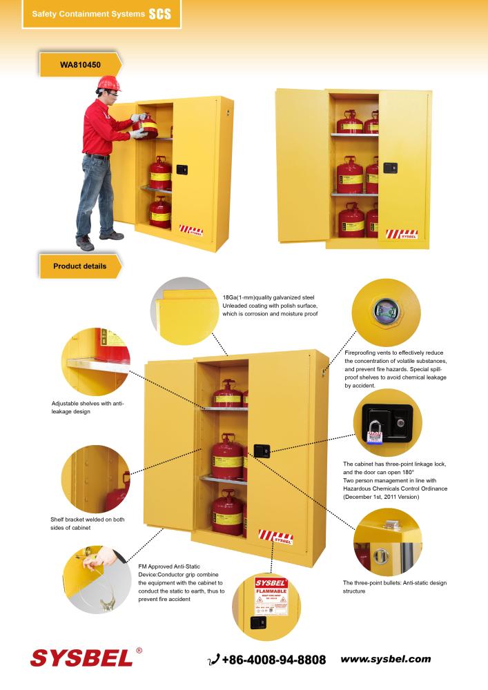 SYSBEL CE FM & OSHA APPROVED FLAMMABLE & CHEMICAL STORAGE SAFETY CABINET 45GAL/170LTR MODEL - WA810450