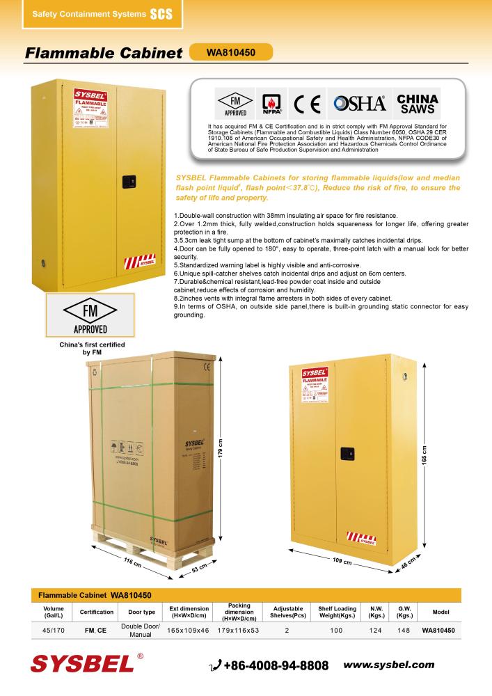 SYSBEL CE FM & OSHA APPROVED FLAMMABLE & CHEMICAL STORAGE SAFETY CABINET 45GAL/170LTR MODEL - WA810450