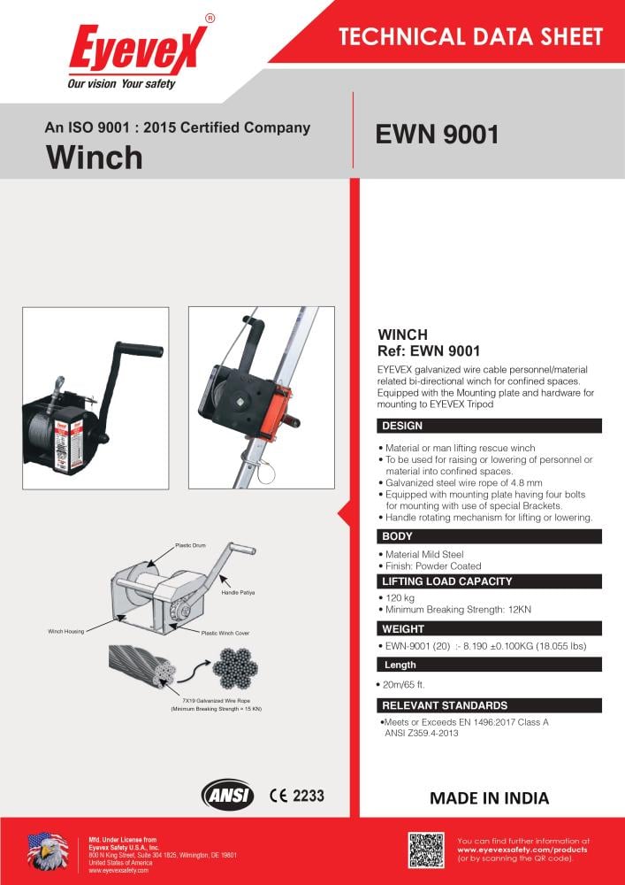 Eyevex Etp-9000 Confined Space Tripod With Ewn-9001 Rescue Winch. En & Ansi Certified Safety System For Entry, Retrieval, And Rescue Operations. 500 Kg Load Capacity.