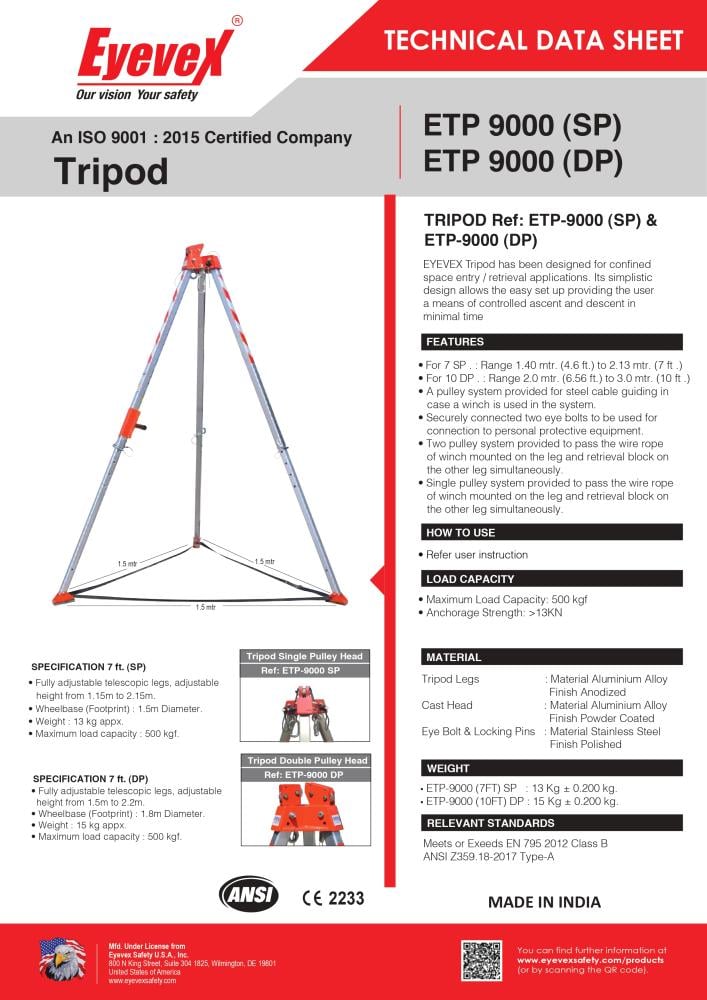 Eyevex Etp-9000 Confined Space Tripod With Ewn-9001 Rescue Winch. En & Ansi Certified Safety System For Entry, Retrieval, And Rescue Operations. 500 Kg Load Capacity.