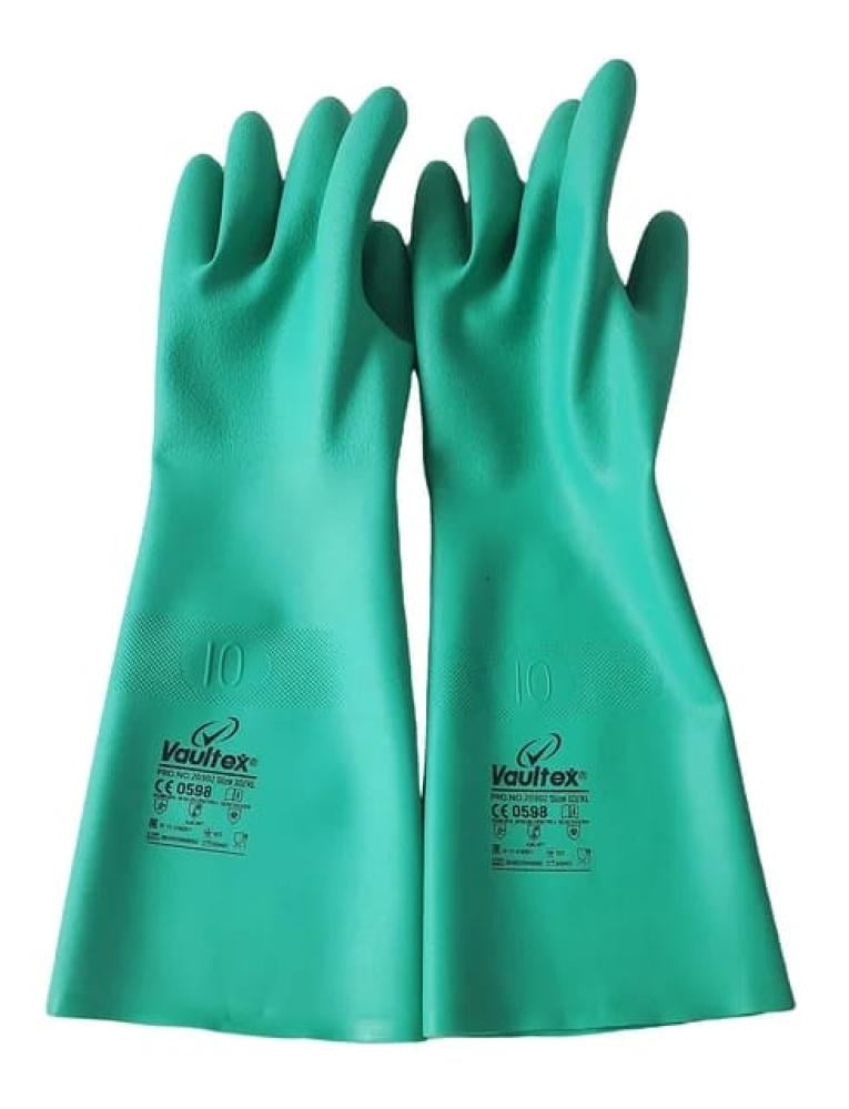 قفازات حماية Vaultex Satu Safe Hands مبطنة بطبقة من النتريل 33 سم | مقاومة للمواد الكيميائية | معتمدة EN374 و EN388 | اللون الأخضر