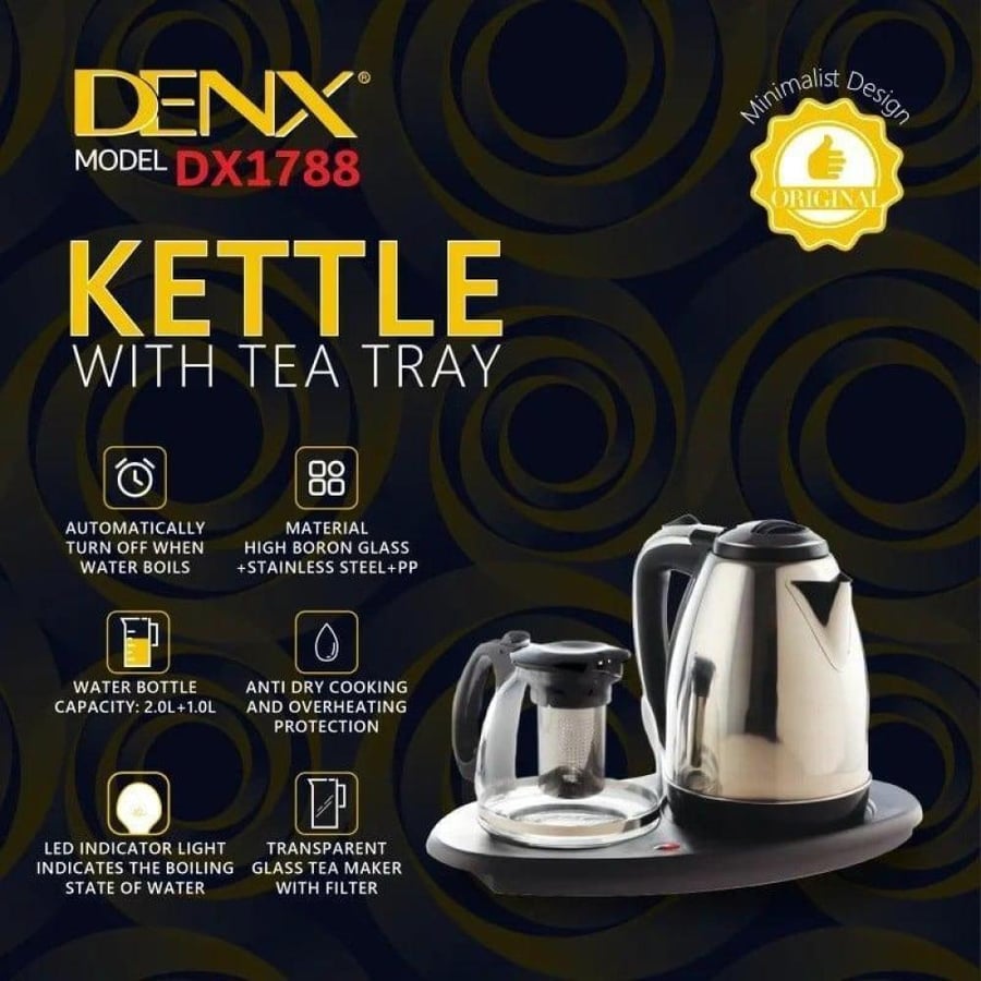 Set of 2 Dineex electric glass and stainless steel kettles with 1500-watt power, 1.0/2.0-liter size, model number DX1788