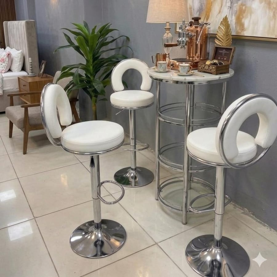 كرسي بار بمقعد جلد ابيض مع قاعدة هيدروليك ستيل فضي DM-A-68WHITE