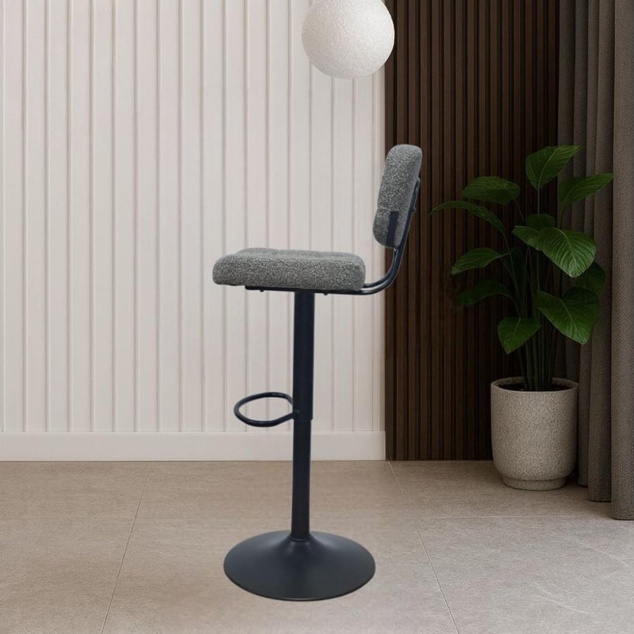 Gray fabric bar stool and black hydraulic base