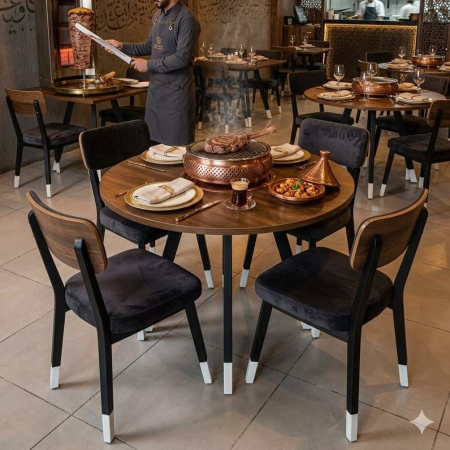 طاولة ضيافة للقهوة فاخرة دائرية 90CM*75CM سطح خشب بني وقاعدة حديد بني DM-A01BROWN