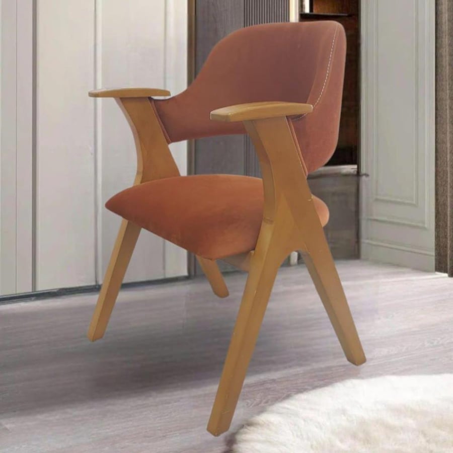 Wooden dining chair with velvet fabric seat, orange color