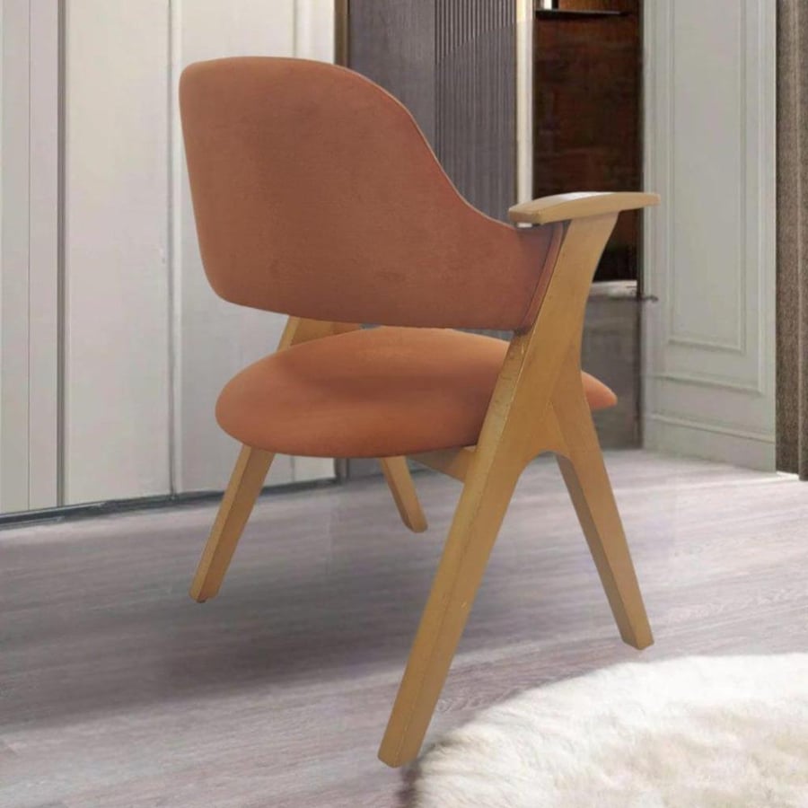 Wooden dining chair with velvet fabric seat, orange color