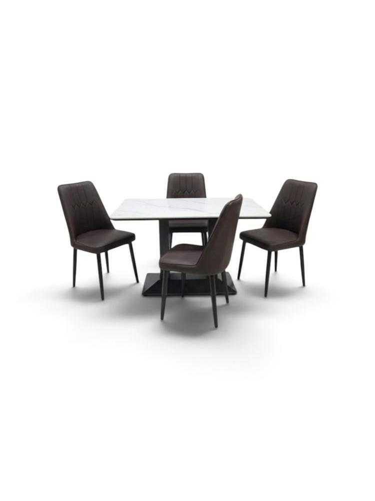 طقم طاولة طعام بورسلان مع 4 كراسي جلد مدعومة بقاعدة حديد 2 عمود BA-120-70CH602-BROWN
