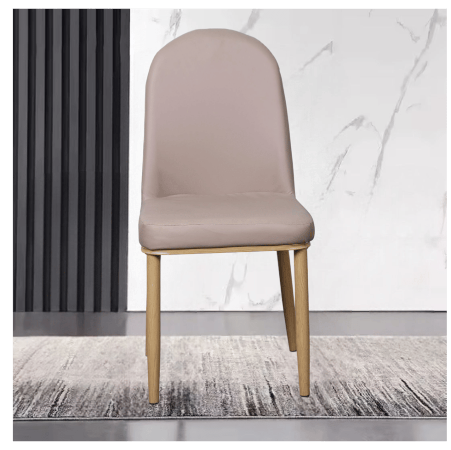 Pink leather dining chair with iron legs base, wood color, E-35 Pink