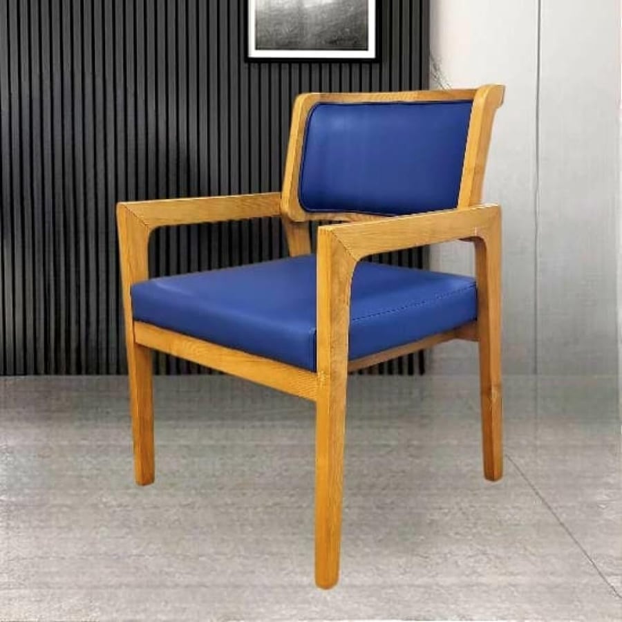 Wooden beige dining chair with blue leather seat