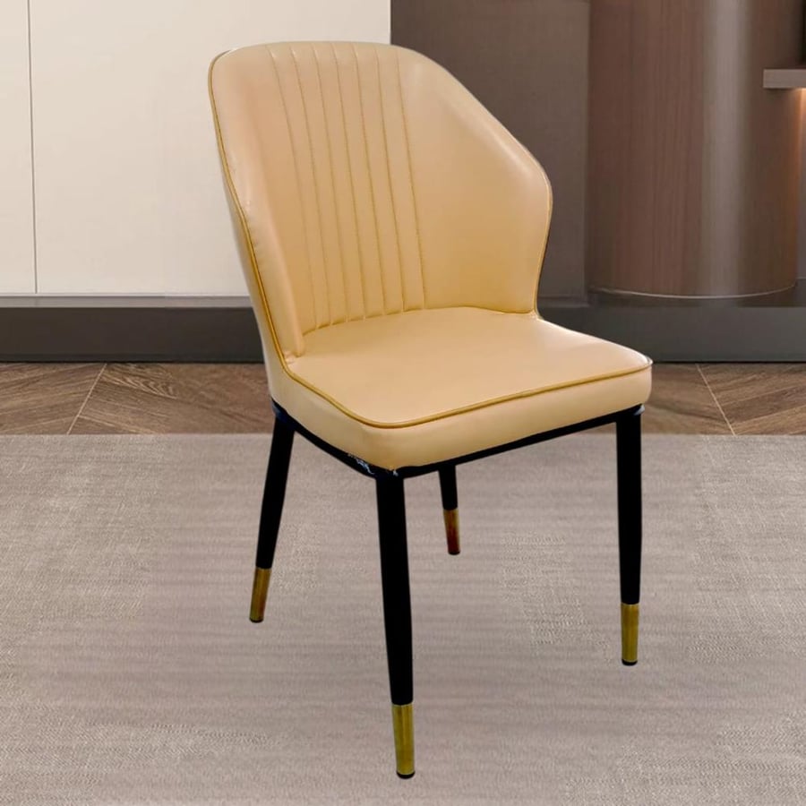 Orange leather dining chair with black iron leg base