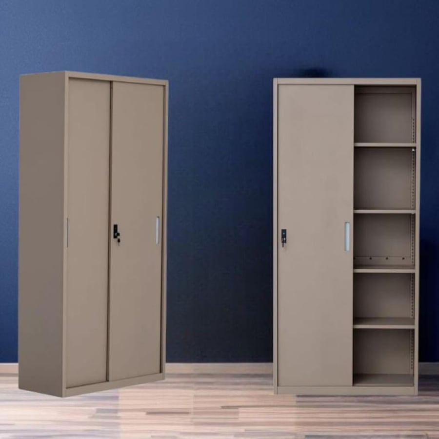 Office file cabinet, metal, 2 doors, sliding, 5 shelves, size 185×85×40, dark beige, OW-003BEIGE